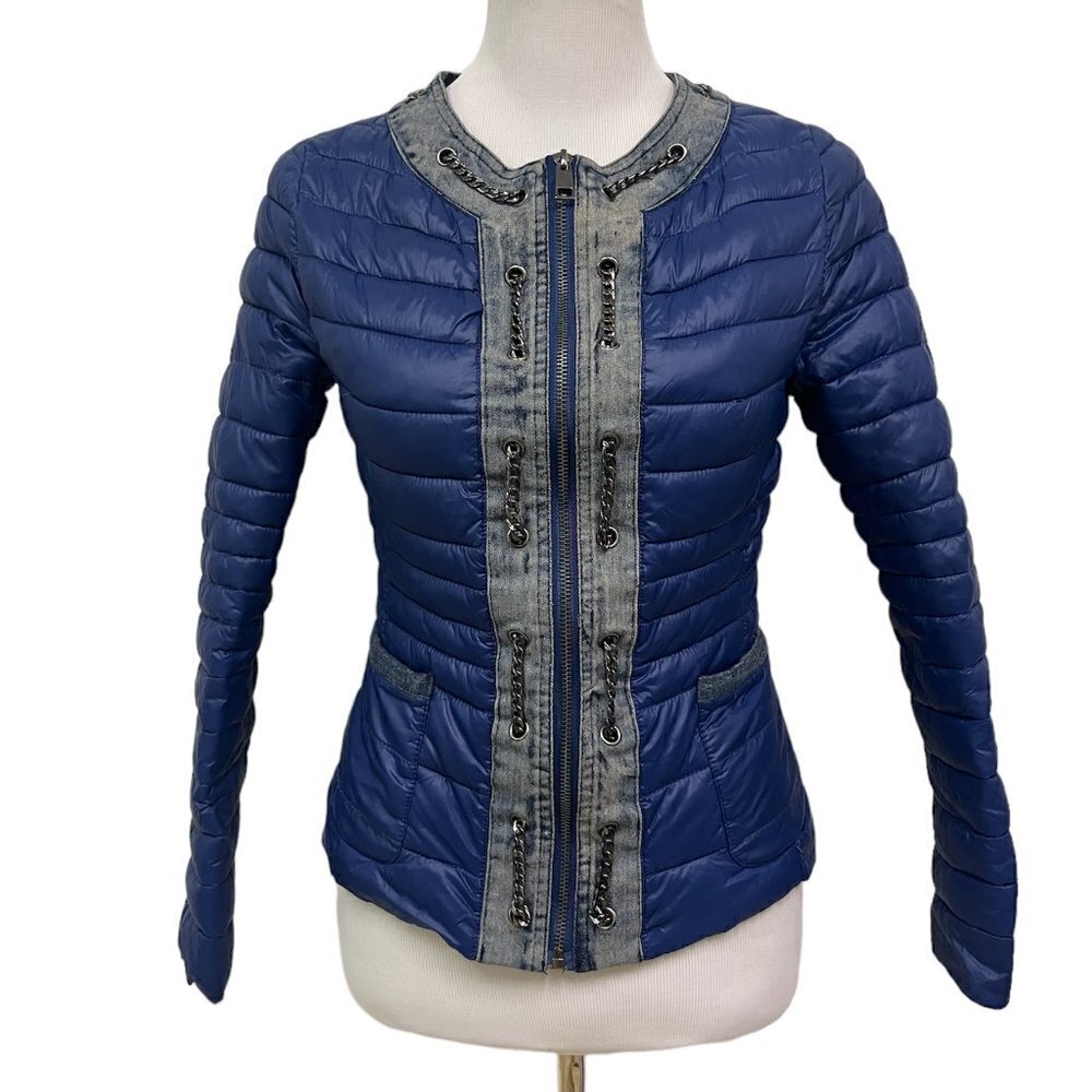Monte Cervino Denim Lined Zip up Down Jacket. Blue EUC S